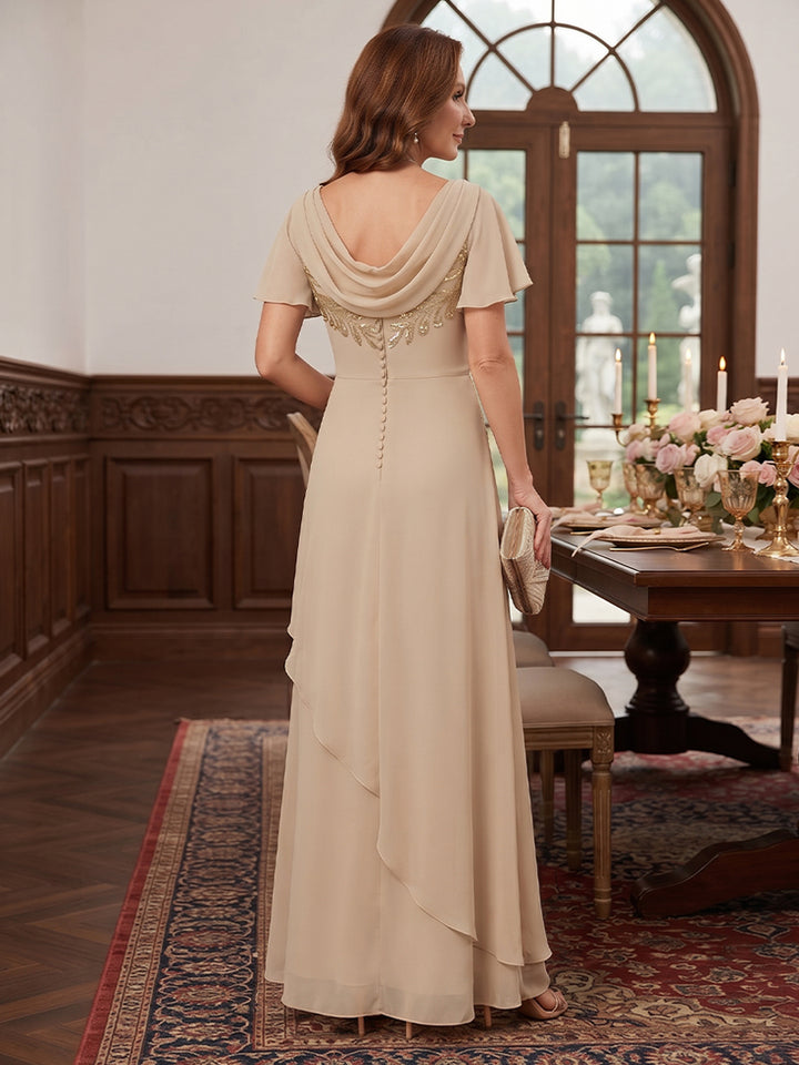 Sheath/Column Cowl Neck Short Sleeves Chiffon Floor-Length Mother of the Bride Dresses with Applique &amp; Ruched