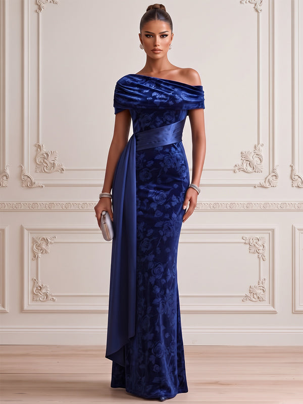 Sheath/Column Formal Dresses Off-the-Shoulder Sleeveless Velvet Floral Burnout Floor-Length Evening Dresses with Florals-Ruffle