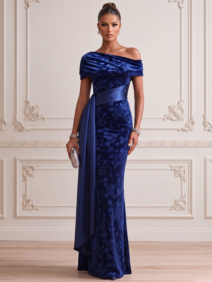 Sheath/Column Formal Dresses Off-the-Shoulder Sleeveless Velvet Floral Burnout Floor-Length Evening Dresses with Florals-Ruffle