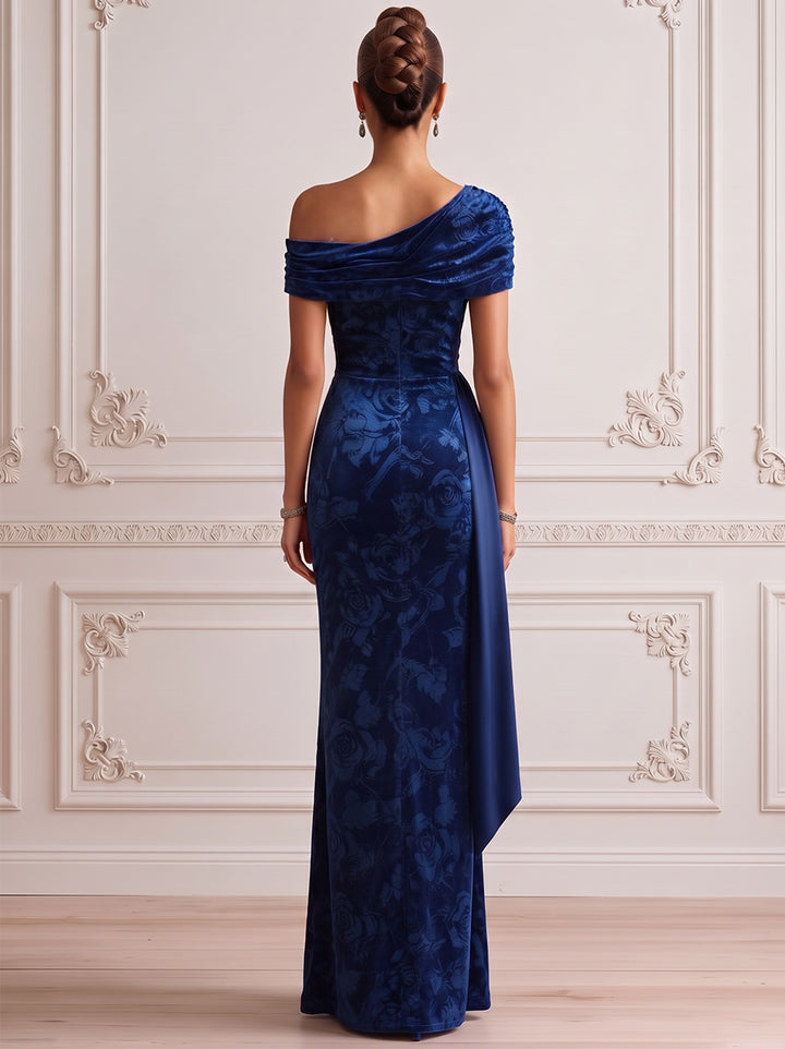 Sheath/Column Formal Dresses Off-the-Shoulder Sleeveless Velvet Floral Burnout Floor-Length Evening Dresses with Florals-Ruffle