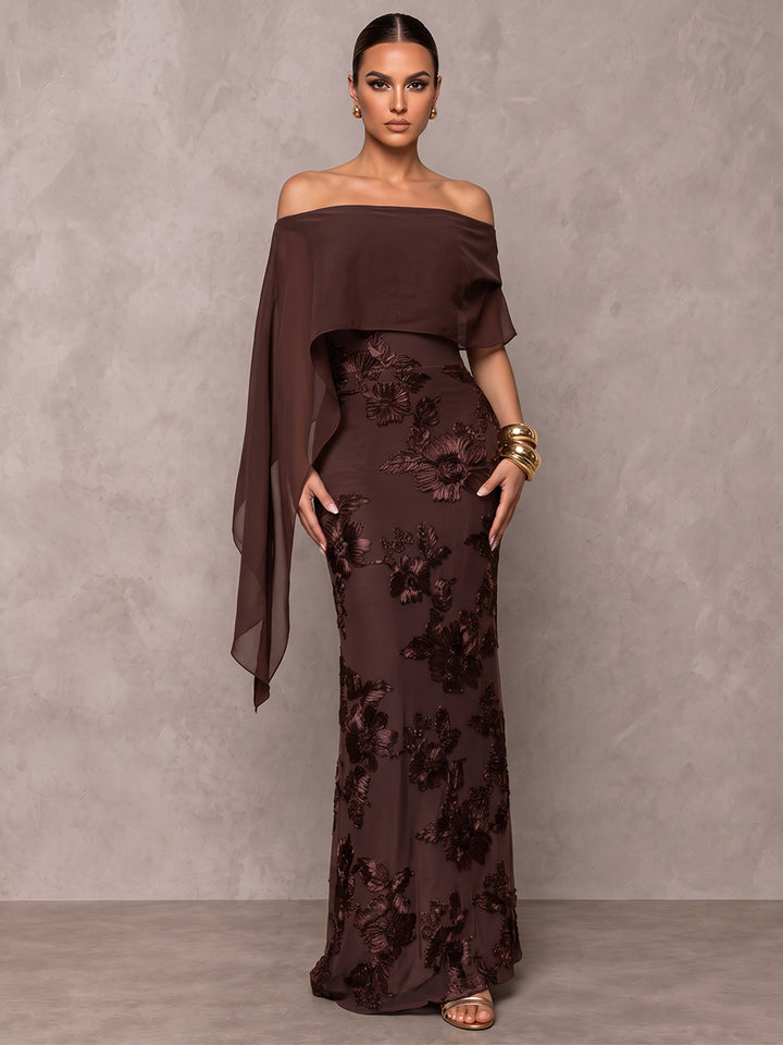 Sheath/Column Formal Dresses Off-the-Shoulder Cap Sleeves Chiffon Floor-Length Evening Dresses with Florals-Ruffle