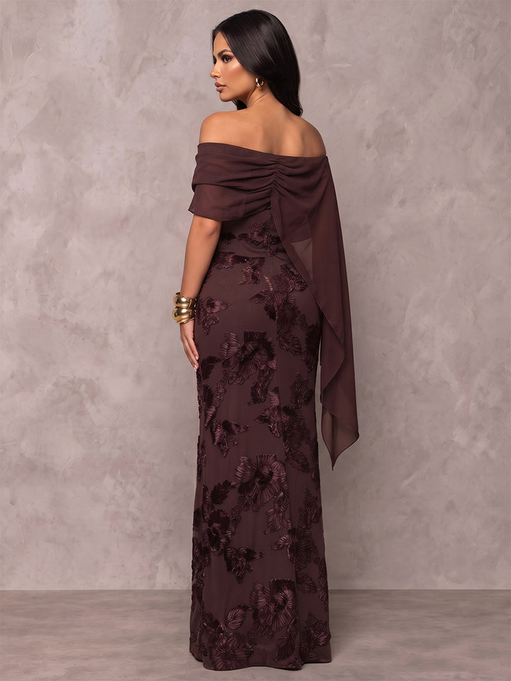 Sheath/Column Formal Dresses Off-the-Shoulder Cap Sleeves Chiffon Floor-Length Evening Dresses with Florals-Ruffle