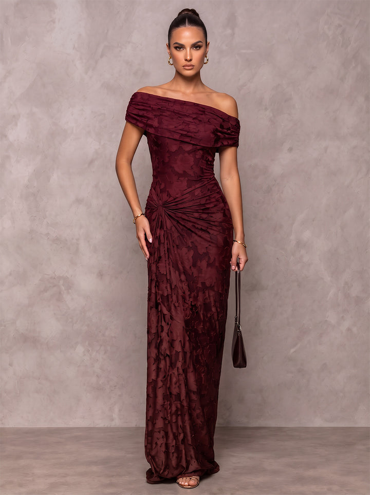 Sheath/Column Formal Dresses Off-the-Shoulder Sleeveless Floral Burnout Floor-Length Evening Dresses with Florals-Ruched