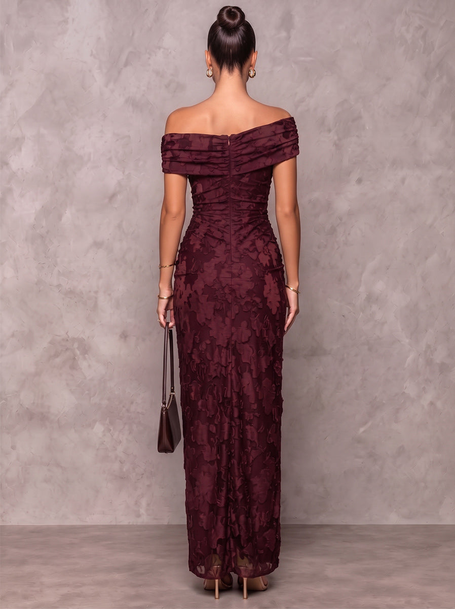 Sheath/Column Formal Dresses Off-the-Shoulder Sleeveless Floral Burnout Floor-Length Evening Dresses with Florals-Ruched