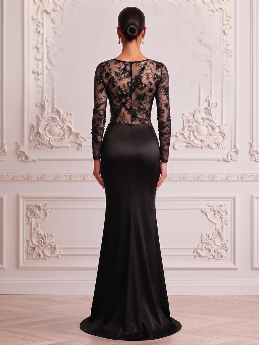 Trumpet/Mermaid Formal Attire V-Neck 3/4 Sleeves Satin Floor-Length Evening Dresses with Ruched