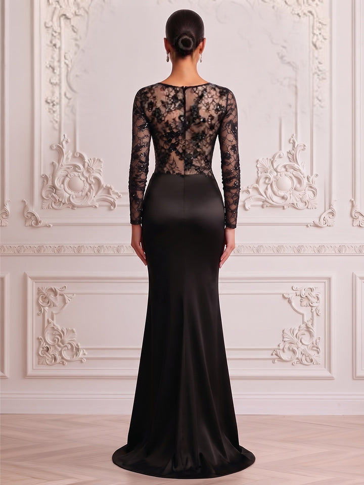 Trumpet/Mermaid Formal Attire V-Neck 3/4 Sleeves Satin Floor-Length Evening Dresses with Ruched