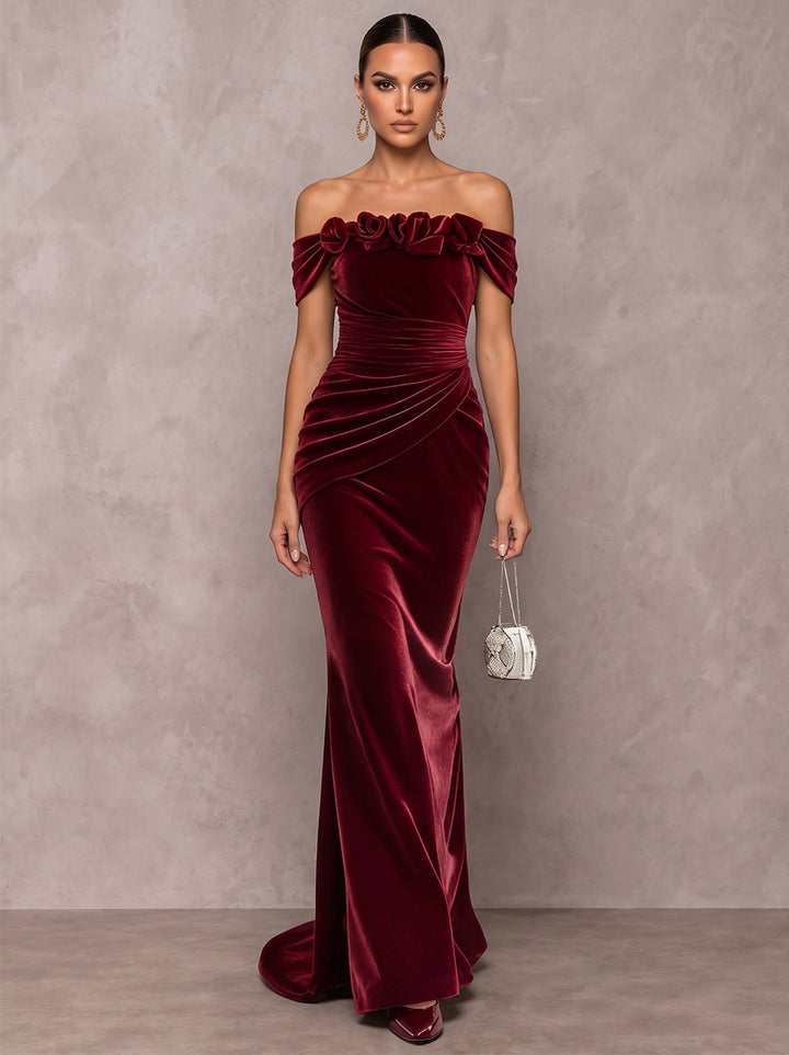 Trumpet/Mermaid Formal Dresses Off-the-Shoulder Sleeveless Velvet Floor-Length Evening Dresses with 3D Flower