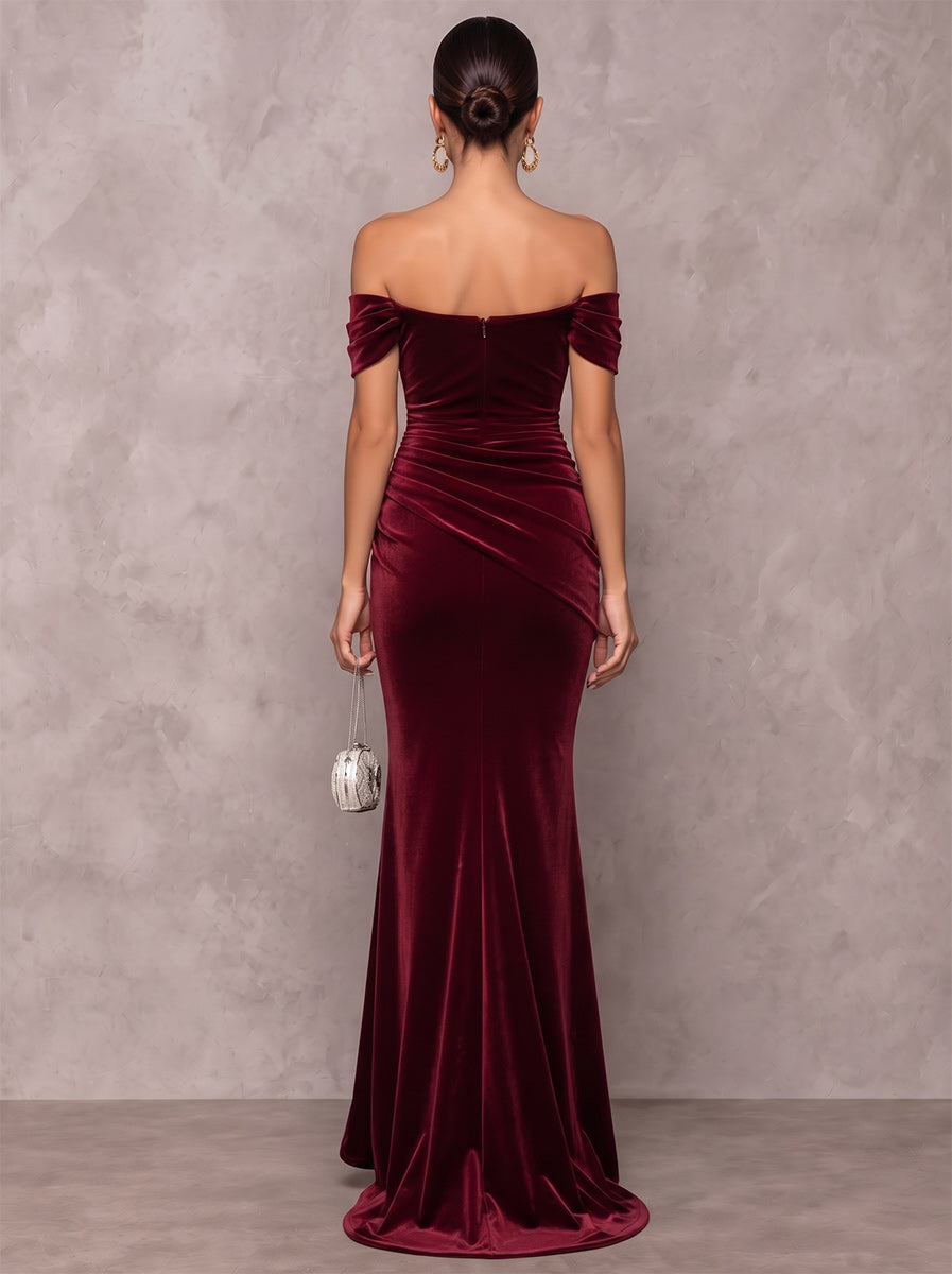 Trumpet/Mermaid Formal Dresses Off-the-Shoulder Sleeveless Velvet Floor-Length Evening Dresses with 3D Flower