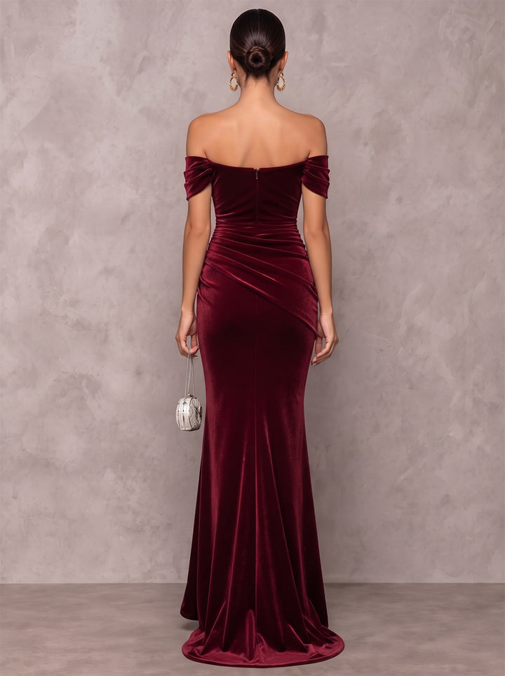 Trumpet/Mermaid Formal Dresses Off-the-Shoulder Sleeveless Velvet Floor-Length Evening Dresses with 3D Flower