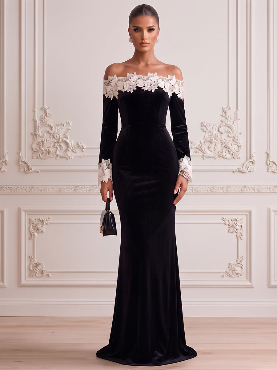 Sheath/Column Formal Dresses Scoop Long Sleeves Velvet Floor-Length Evening Dresses with Lace