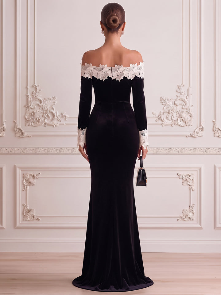 Sheath/Column Formal Dresses Scoop Long Sleeves Velvet Floor-Length Evening Dresses with Lace