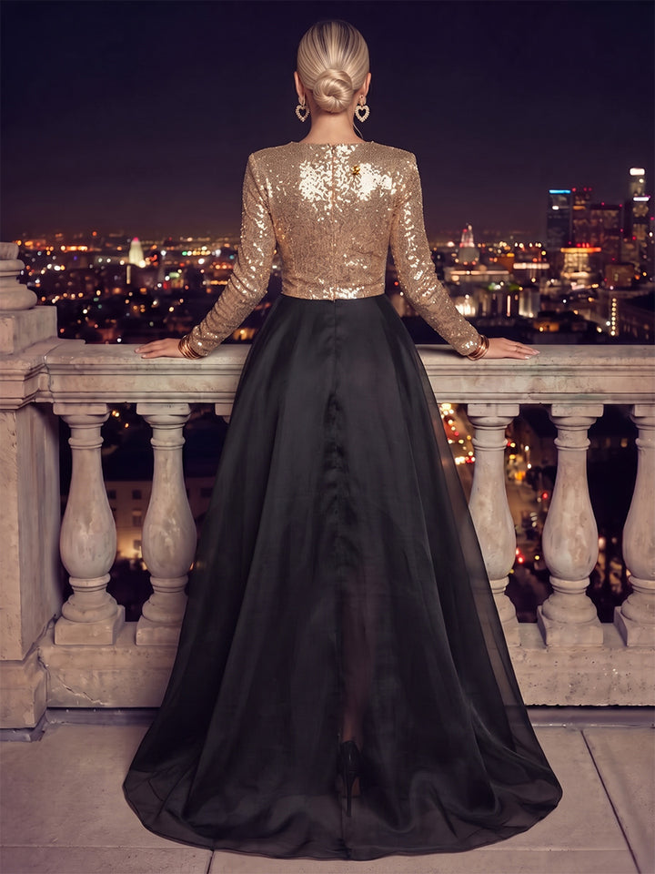 A-Line/Princess V-Neck Long Sleeves Sequin Tulle Floor-Length Evening Dresses with Ruffles