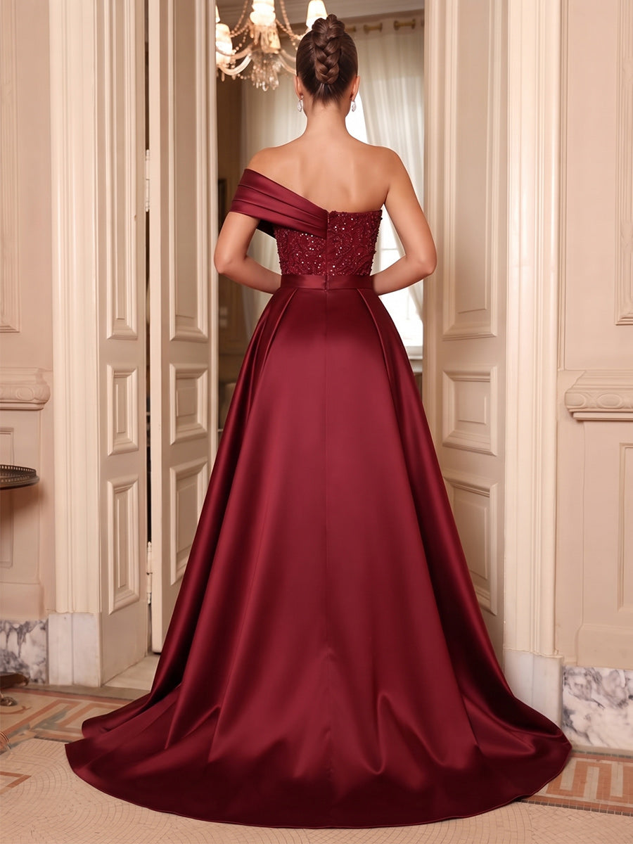 A-Line/Princess One-Shoulder Sleeveless Satin Floor-Length Evening Dresses with Applique