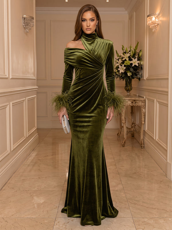 Sheath/Column Formal Attire High Neck Long Sleeves Velvet Floor-Length Evening Dresses with Feather