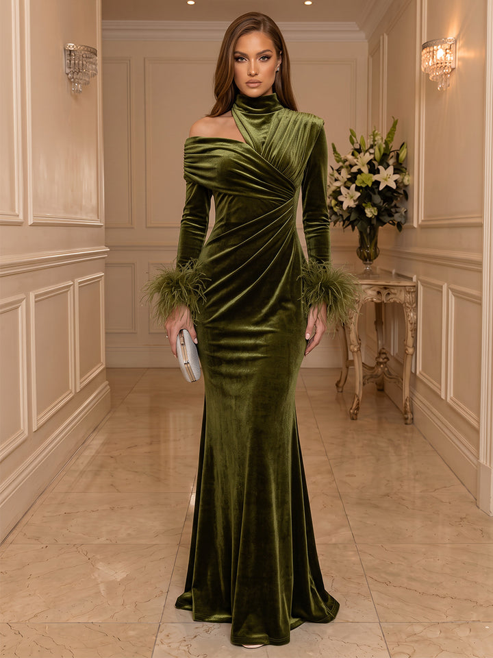 Sheath/Column Formal Attire High Neck Long Sleeves Velvet Floor-Length Evening Dresses with Feather