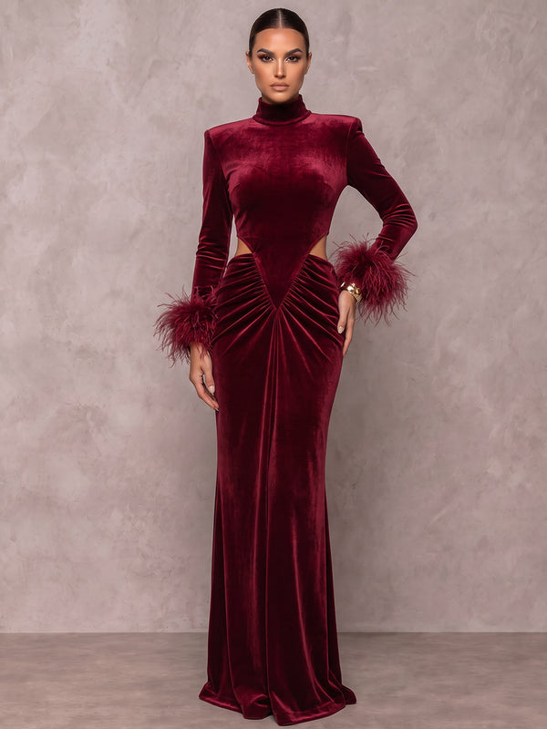 Sheath/Column Formal Attire High Neck Long Sleeves Velvet Floor-Length Evening Dresses with Feather