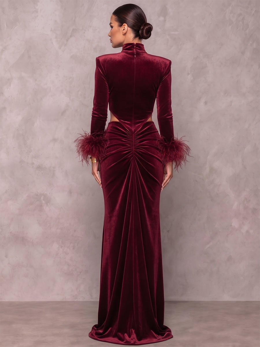 Sheath/Column Formal Attire High Neck Long Sleeves Velvet Floor-Length Evening Dresses with Feather