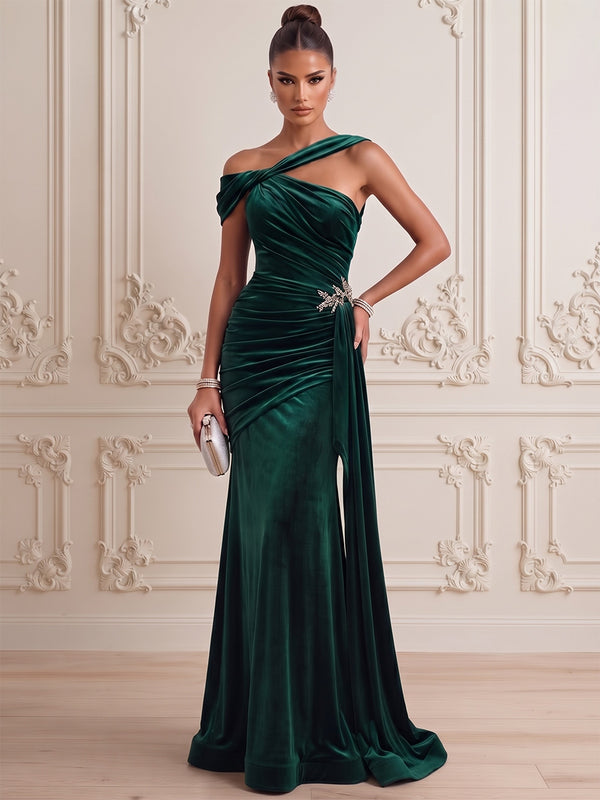 Trumpet/Mermaid Formal Dresses One-Shoulder Sleeveless Velvet Floor-Length Evening Dresses with Pleats