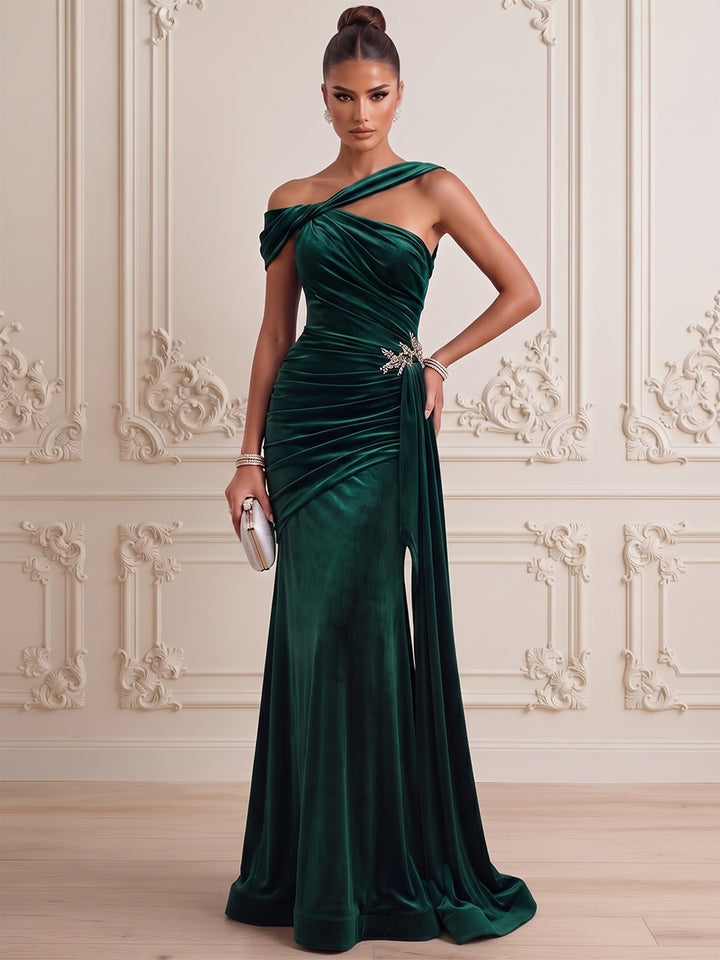 Trumpet/Mermaid Formal Dresses One-Shoulder Sleeveless Velvet Floor-Length Evening Dresses with Pleats
