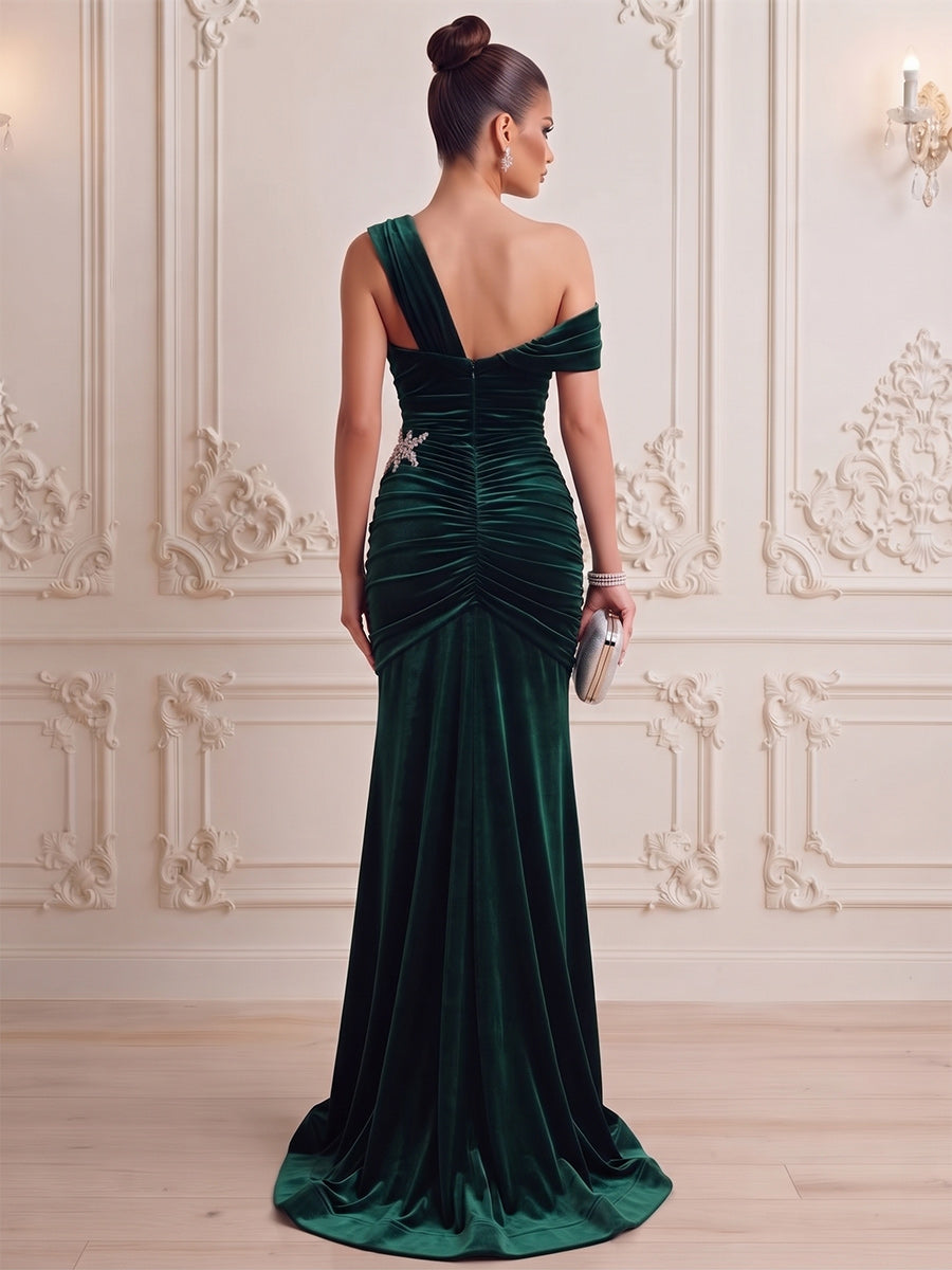 Trumpet/Mermaid Formal Dresses One-Shoulder Sleeveless Velvet Floor-Length Evening Dresses with Pleats