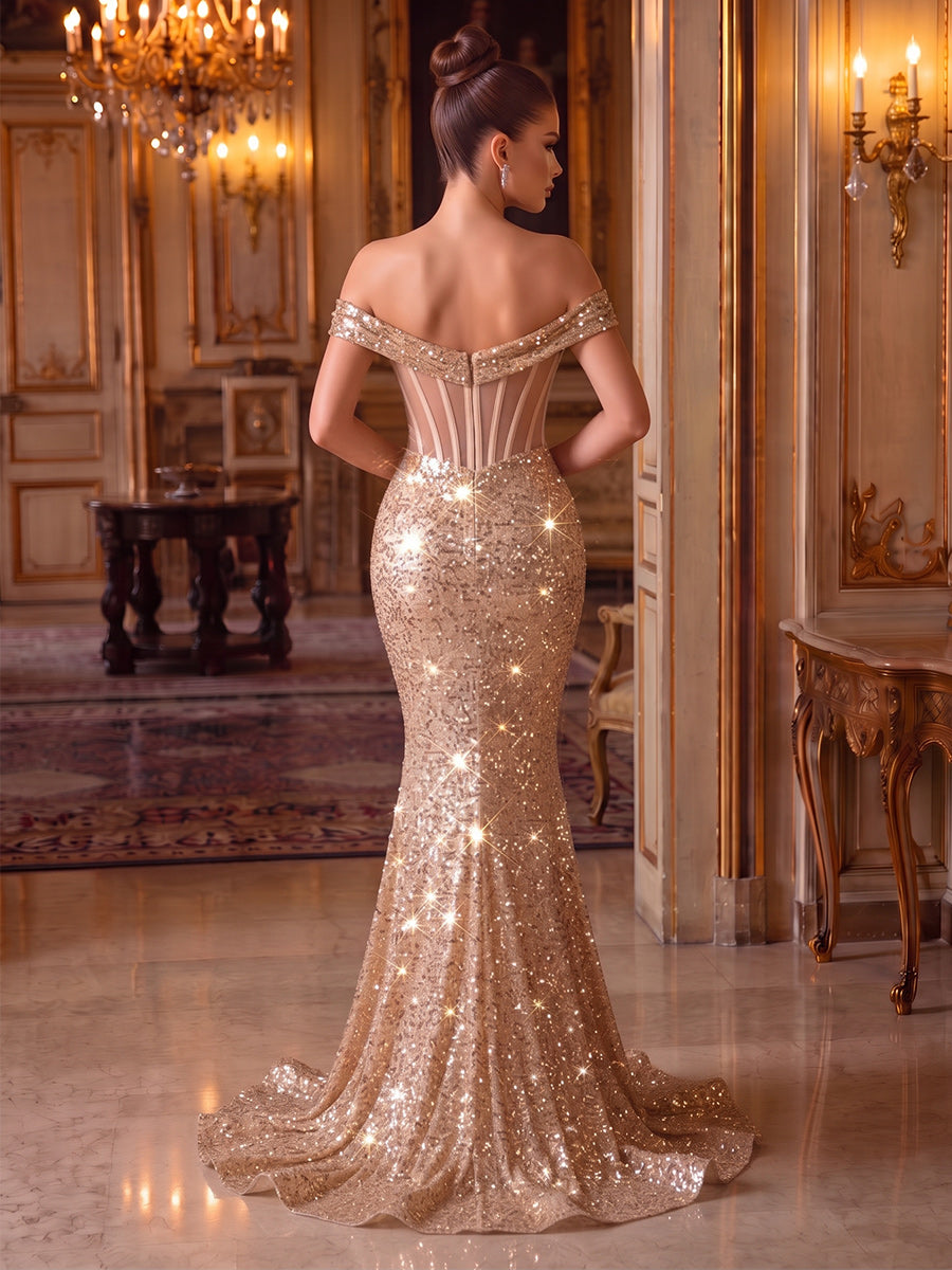 Trumpet/Mermaid Off-the-Shoulder Sleeveless Sequin Floor-Length Evening Dresses with Corset