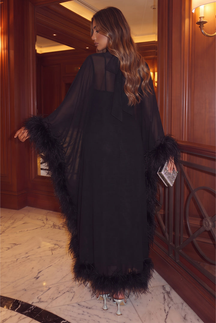 Sheath/Column Formal Dresses High Neck Cap Sleeves Chiffon Floor-Length Evening Dresses with Feather