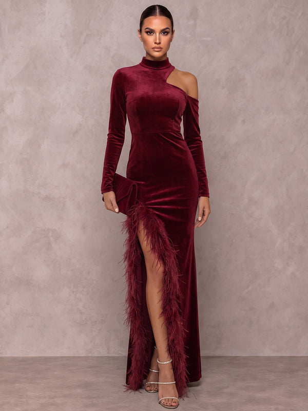 Sheath/Column Formal Dresses High Neck Long Sleeves Velvet Floor-Length Evening Dresses with Feather