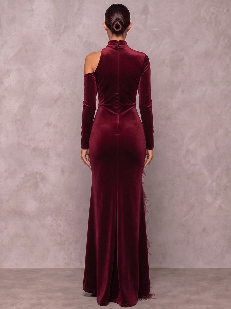 Sheath/Column Formal Dresses High Neck Long Sleeves Velvet Floor-Length Evening Dresses with Feather