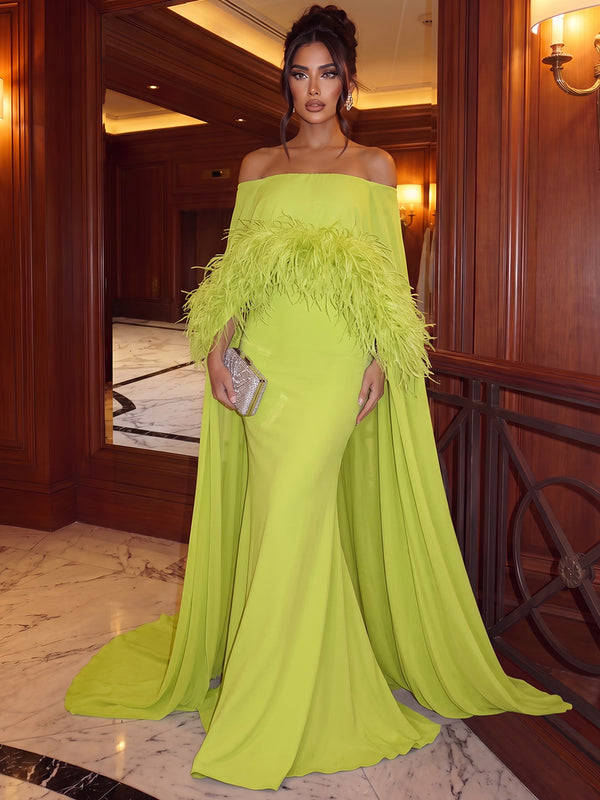 Trumpet/Mermaid Formal Attire Off-the-Shoulder Cap Sleeves Chiffon Floor-Length Evening Dresses with Feather