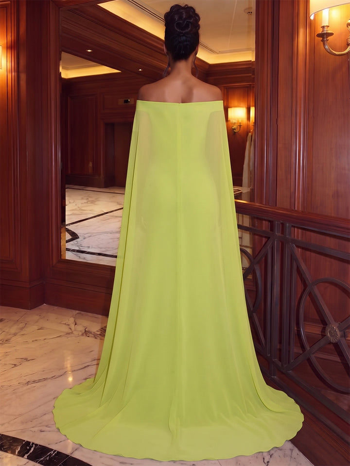 Trumpet/Mermaid Formal Attire Off-the-Shoulder Cap Sleeves Chiffon Floor-Length Evening Dresses with Feather