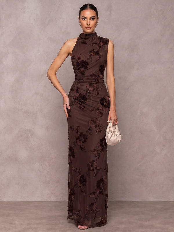 Sheath/Column Formal Dresses High Neck Sleeveless Chiffon Floor-Length Evening Dresses with Florals