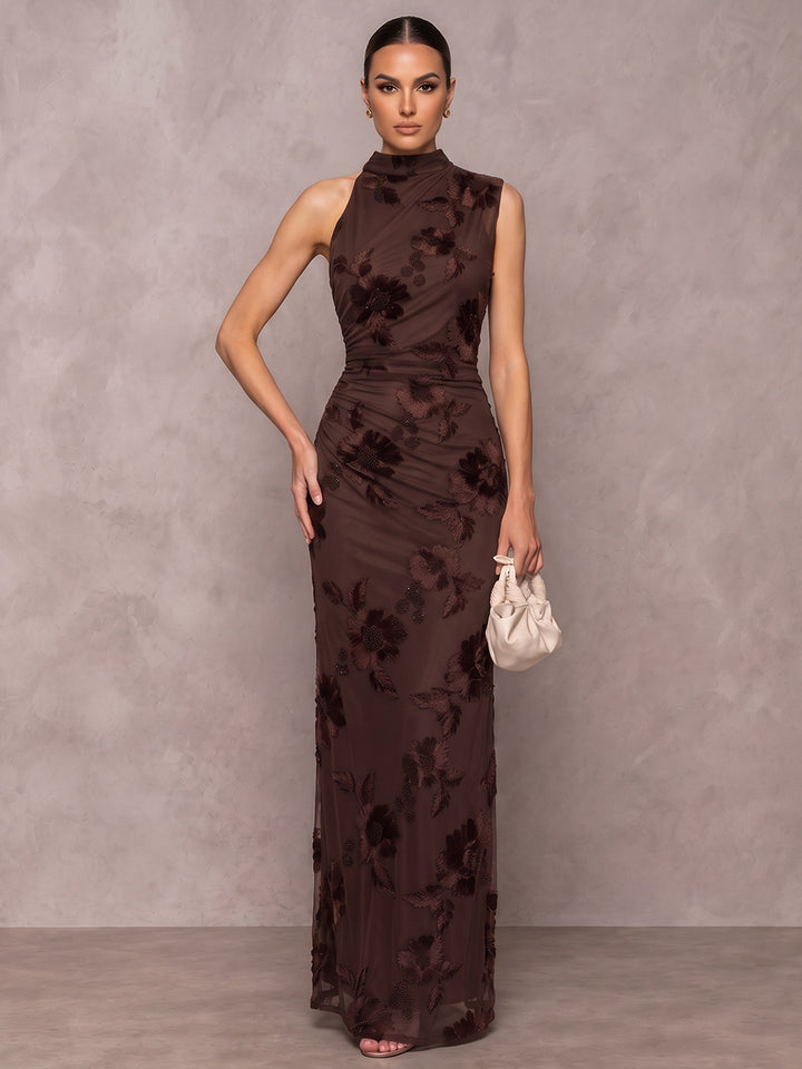 Sheath/Column Formal Dresses High Neck Sleeveless Chiffon Floor-Length Evening Dresses with Florals