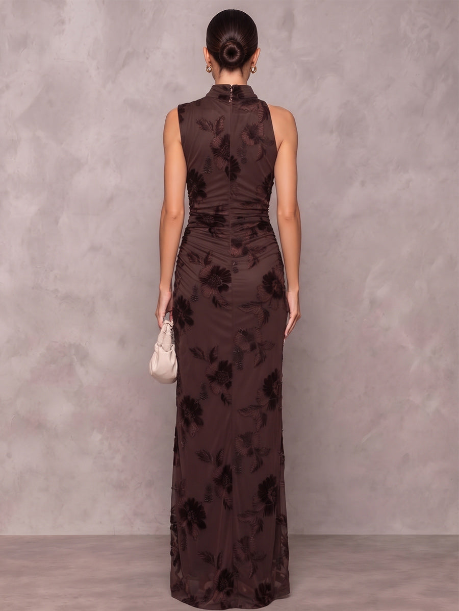 Sheath/Column Formal Dresses High Neck Sleeveless Chiffon Floor-Length Evening Dresses with Florals
