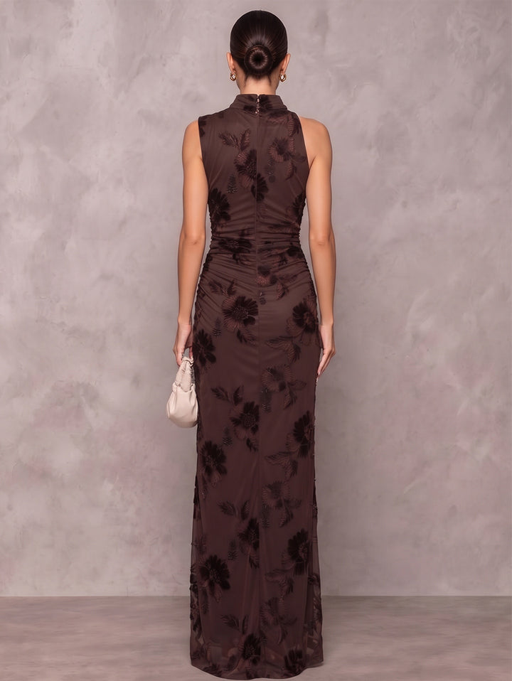 Sheath/Column Formal Dresses High Neck Sleeveless Chiffon Floor-Length Evening Dresses with Florals