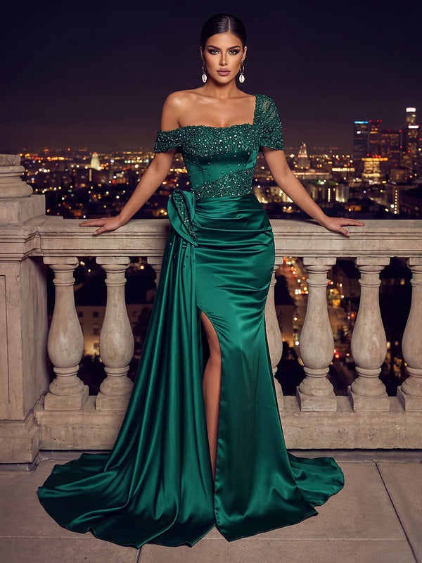 Trumpet/Mermaid One-Shoulder Sleeveless Satin Sequin Floor-Length Evening Dresses with Sash