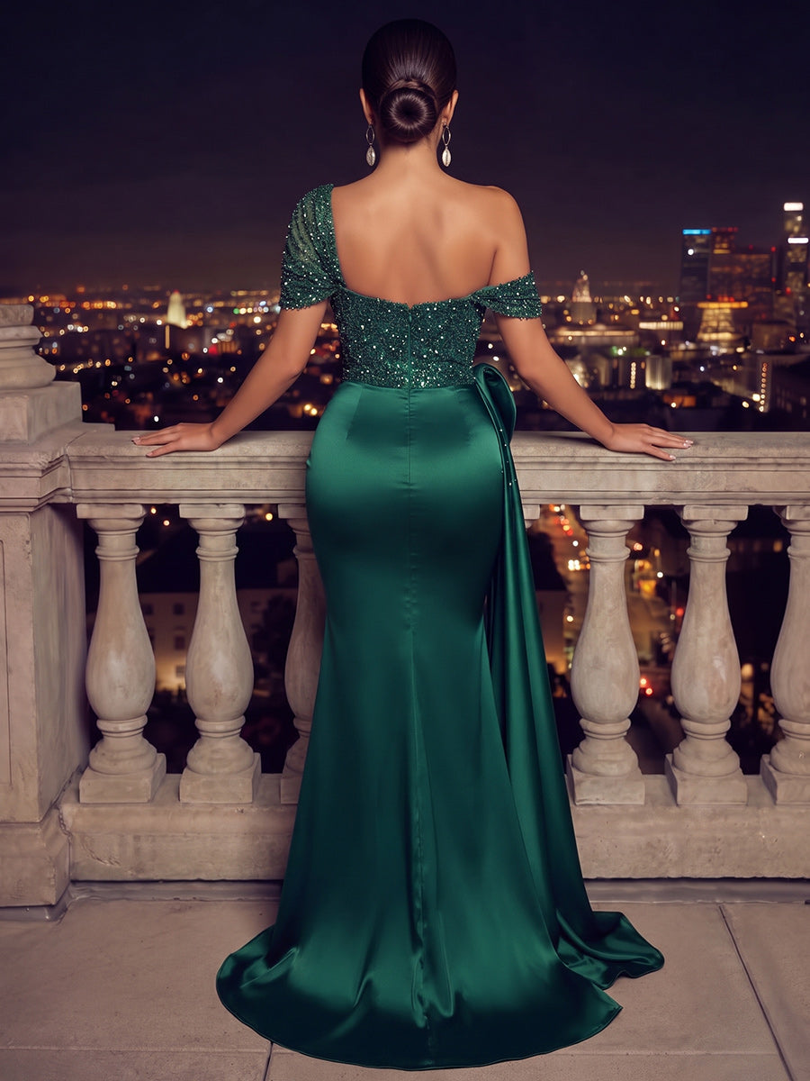 Trumpet/Mermaid One-Shoulder Sleeveless Satin Sequin Floor-Length Evening Dresses with Sash