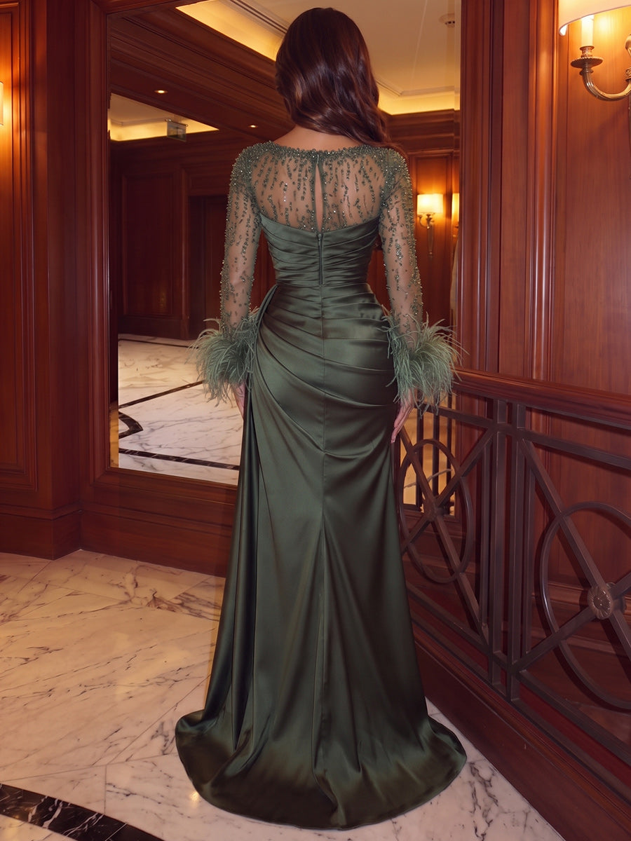 Trumpet/Mermaid Scoop Long Sleeves Satin Floor-Length Evening Dresses with Sequins-Feather