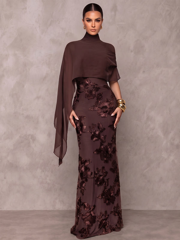 Sheath/Column Formal Dresses High Neck Cap Sleeves Chiffon Floor-Length Evening Dresses with Florals-Ruffle