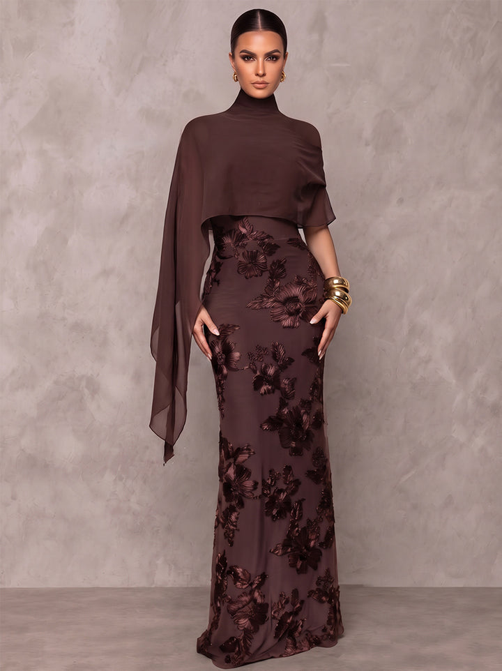 Sheath/Column Formal Dresses High Neck Cap Sleeves Chiffon Floor-Length Evening Dresses with Florals-Ruffle