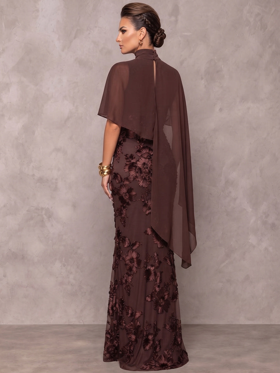 Sheath/Column Formal Dresses High Neck Cap Sleeves Chiffon Floor-Length Evening Dresses with Florals-Ruffle
