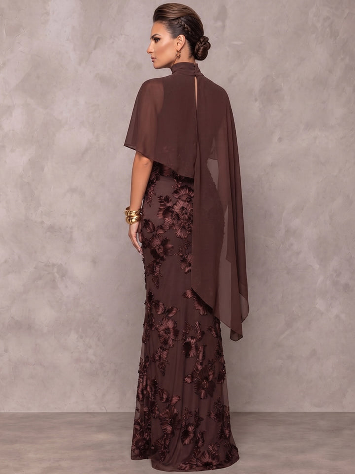 Sheath/Column Formal Dresses High Neck Cap Sleeves Chiffon Floor-Length Evening Dresses with Florals-Ruffle
