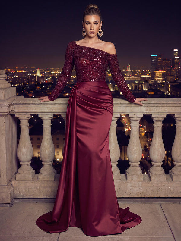 Trumpet/Mermaid Off-the-Shoulder Long Sleeves Satin Sequin Floor-Length Evening Dresses with Sash
