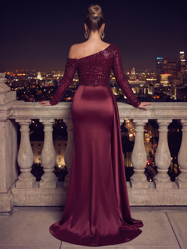 Trumpet/Mermaid Off-the-Shoulder Long Sleeves Satin Sequin Floor-Length Evening Dresses with Sash