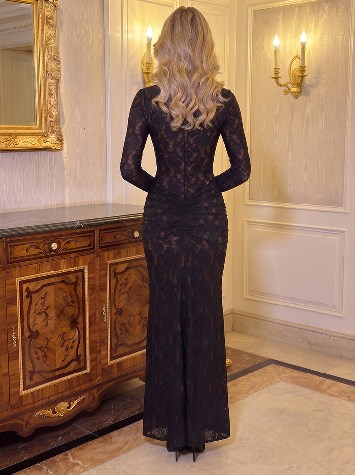 Sheath/Column Formal Attire V-Neck Long Sleeves Lace Floor-Length Evening Dresses with Pleats