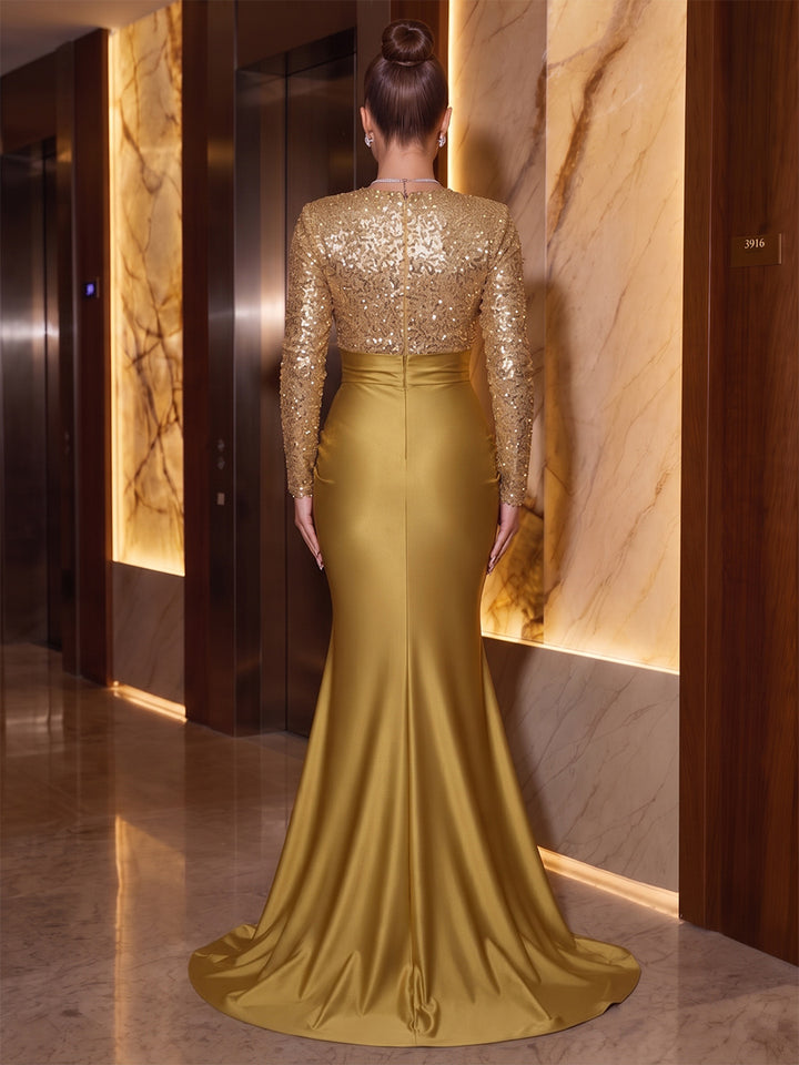 Trumpet/Mermaid Formal Attire Scoop Long Sleeves Sequin Satin Floor-Length Evening Dresses with Pleats