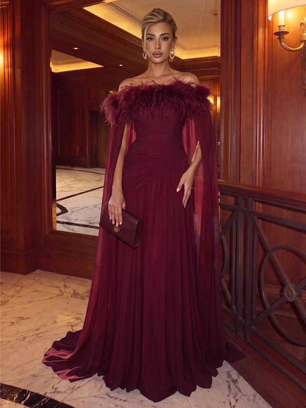 A-Line/Princess Off-the-Shoulder Cap Sleeves Chiffon Floor-Length Evening Dresses with Pleats-Feather