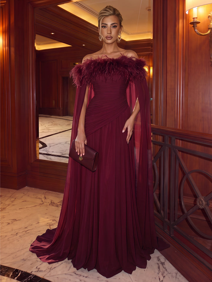 A-Line/Princess Off-the-Shoulder Cap Sleeves Chiffon Floor-Length Evening Dresses with Pleats-Feather