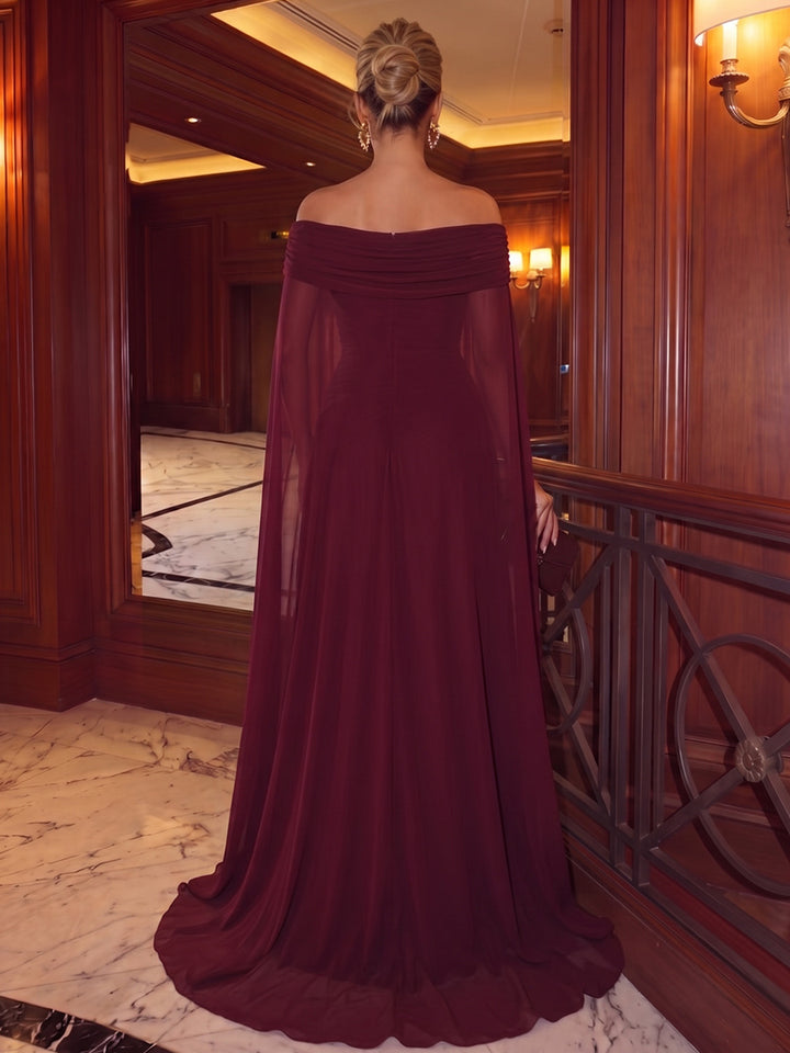 A-Line/Princess Off-the-Shoulder Cap Sleeves Chiffon Floor-Length Evening Dresses with Pleats-Feather