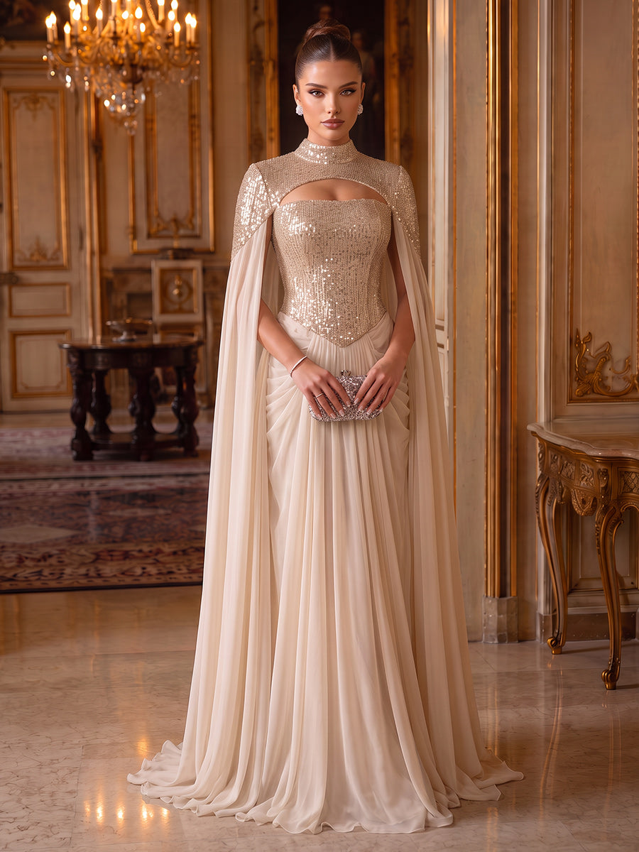 Sheath/Column High Neck Cap Sleeves Sequin Chiffon Floor-Length Evening Dresses with Pleats-Cut Out