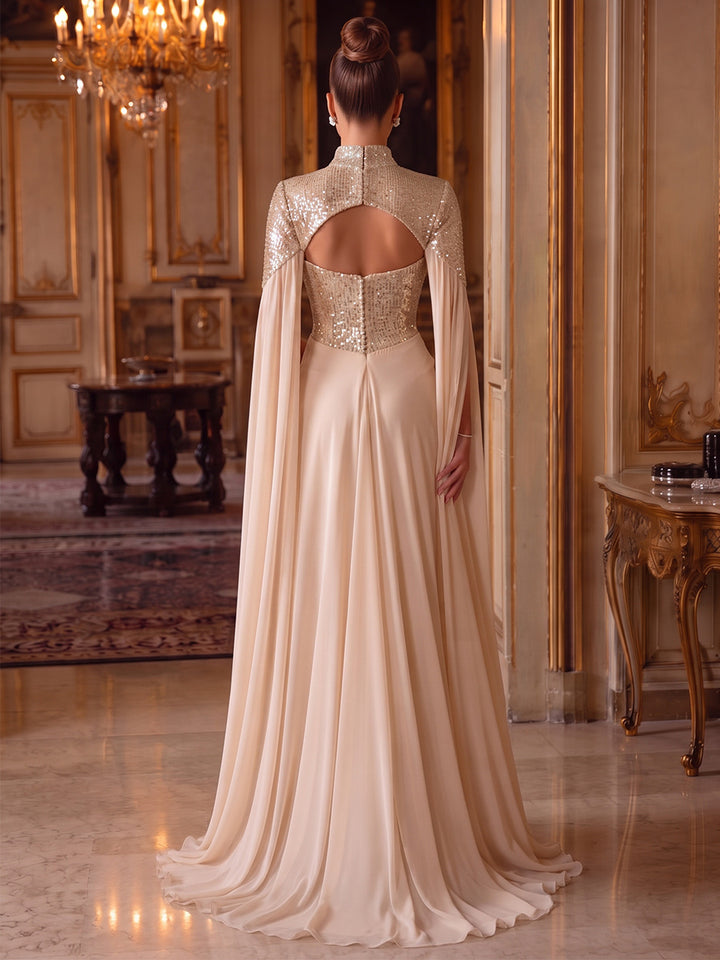 Sheath/Column High Neck Cap Sleeves Sequin Chiffon Floor-Length Evening Dresses with Pleats-Cut Out